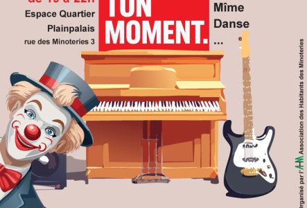Affiche illustrée par un piano et une guitare en son centre, un personnage grimé en clown ou mîme gigne sur le côté gauche. Le titulé Scène libre, blanc dans un cadre rouge, annonce le genre de soirée avec le slogan "Ta Scène, Ton Moment". A gauche du Cadre figurent La date, l'heure et l'endroit de l'événement "dernier vendredi du mois, 19 - 22h, ESQ Minoteries 3". A droite les disciplines artistiques plebiscitées "Musique, Humour, Théâtre, etc...". En bas de l'affiche il y a le N° de téléphone…