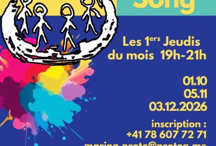 Un cercle de personnes qui chantent, des cadres de couleur avec les informations des séances les 1ers jeudis du mois.