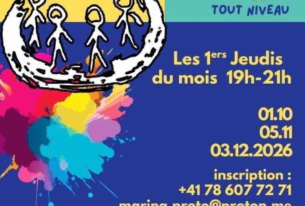Un cercle de personnes qui chantent, des cadres de couleur avec les informations des séances les 1ers jeudis du mois.