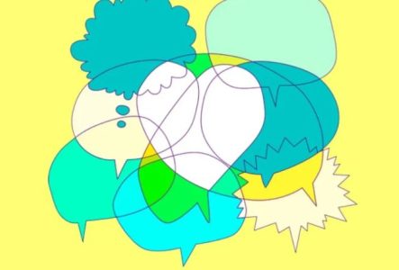 Bulles de discussion multiples qui se mélangent et se superposent pour illustrer le TDAH