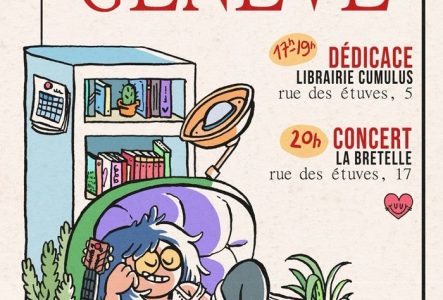 Affiche dessinée par Shyle Zalewski - personne souriante dans un fauteuil avec des livres, une guitare et une pile de papiers et des plantes vertes