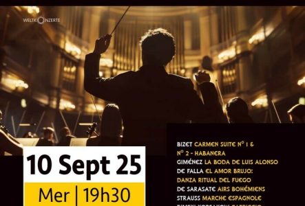 Nanah d'Luize Affiche de la soirée mentionnant les informations et le Boléro de Maurice Ravel, avec le chef d’orchestre Knut Andreas qui dirige (vu de dos).