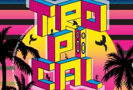 "Tropical" écrit en couleurs fluo avec des palmiers et des oiseaux