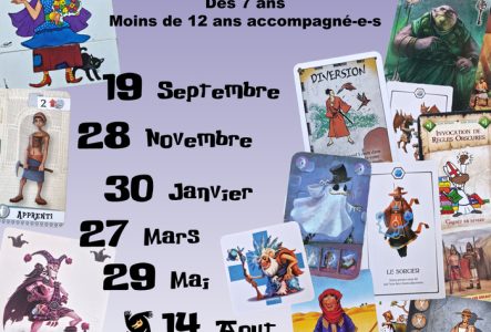 Ludothèque du Petit-Saconnex Des cartes de jeu décorent le flyer sur fond violet et quelques dates de soirées jeux au centre.
