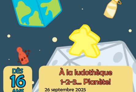 Flyer de l'animation indiquant le titre Soirées Jeux. On y retrouve la mention "Dès 16 ans", l'horaire et les dates ainsi que l'adresse de la ludothèque. L'image représente l'espace et des planètes sous forme de dés et de pions.