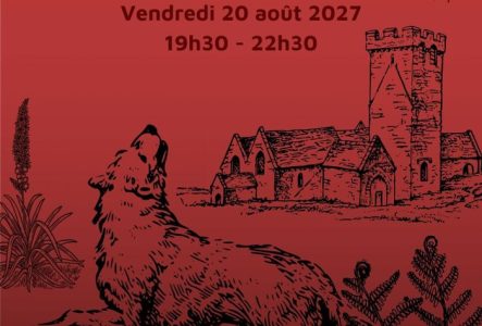Flyer soirée jeux en 2027 à la ludothèque du petit saconnex. un loup regarde une chauve souris. un château au loin, sur un fond rouge.