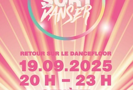 Logo de maman sort danser sur fond de coucher de soleil.Texte "Retour sur le dancefloor" 19.09.2025 20H-23H Cercle des Bains