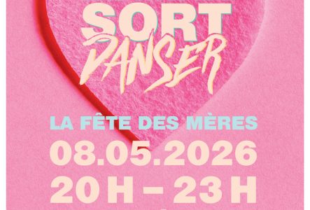 Logo de maman sort danser sur fond rose avec un coeur. Texte "Retour sur le dancefloor" 08.05.2026 19H-23H Cercle des Bains