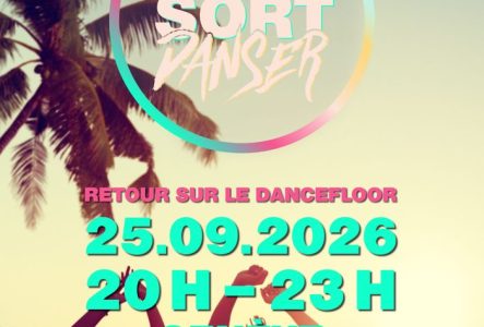 Logo de maman sort danser sur fond rose avec un coeur. Texte "Retour sur le dancefloor" 08.05.2026 19H-23H Cercle des Bains