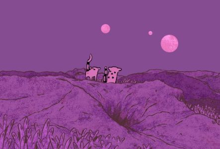 Dessin dans les tons roses avec deux petits félins regardant l'horizon