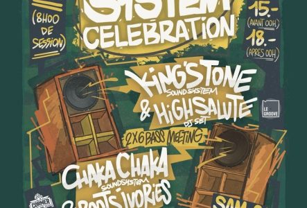 Rem Zayin Affiche colorée verte et jaune annonçant la soirée Sound System Celebration #21. Deux grandes enceintes sont illustrées de chaque côté de l’image. Les informations principales indiquent : King’s Tone Sound System & High Salute DJ Set, Chaka Chaka Sound System & Roots I-Vories DJ Set. Date : Samedi 25 octobre 2025, lieu : Le Groove, 9 rue des Gazomètres, Genève. Horaires : 23h – 6h (8h de session). Prix : 15 CHF avant 00h, 18 CHF après 00h. Logos du Corner 25 et du Groove en bas de l’affiche.
