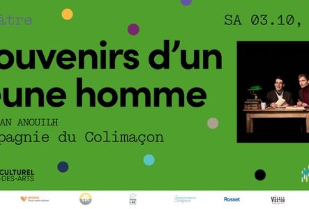 sur fond vert, on retrouve le titre et les informations du spectacle sur la gauche. Il y a des points de couleurs un peu partout sur le visage et une photo de la pièce en question à droite