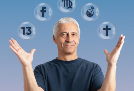 Affiche du spectacle d'humour de Jean-Marc Zgraggen, dont le titre est : Merci d'y croire, la vérité c'est fatigant. Sur l'affiche on voit un homme qui lève ses bras en l'air au-dessus desquels se trouve cinq bulles en suspensions, chaque bulle contenant un symbole lié à un système de croyance : le numéro 13, Facebook, l'astrologie, l'homéopathie et les religions,