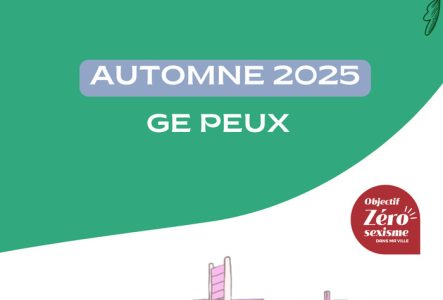 Image avec un fond vert, le bas est composé de dessin de personnages avec des coupes de cheveux, des âges et des habits divers. Derrière les personnages il y a une ville avec des murs roses. Un texte en blanc est écrit par dessus disant : Stages d'autodéfense féministe. Au centre, le texte "automne 2025, Ge Peux". La pastille rouge Objectif zéro Sexisme est visible sur la droite de l'image.