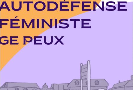 Illustration représentant un groupe de personnages à un arrêt de bus devant des immeubles.