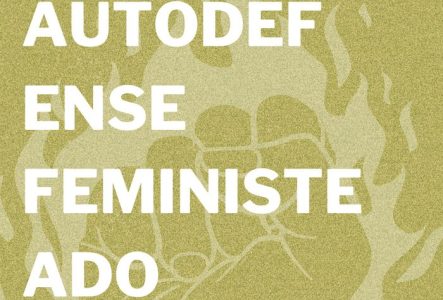 fond vert clair, une main entourée de flammes en transparence. Le texte "stage autodéfense féministe ado (12-15 ans)" est écrit en majuscules par dessus.