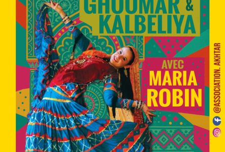 C. Fraiz Affiche stages danse du rajasthan à Genève avec Maria Robin le 14 et 15 Juin 2025. Maria porte une robe kalbeliya bleue.