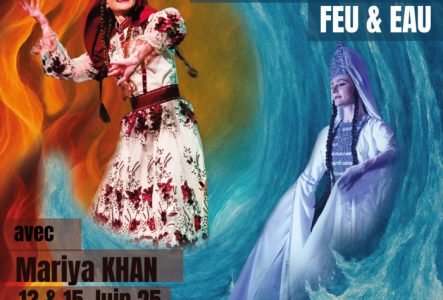 C.Fraiz Affiche avec Mariya Khan en costume blanc sous un fond de feu et d'eau pour faire la promotion de ses stages le 13 et 15 juin 2025 à Genève.