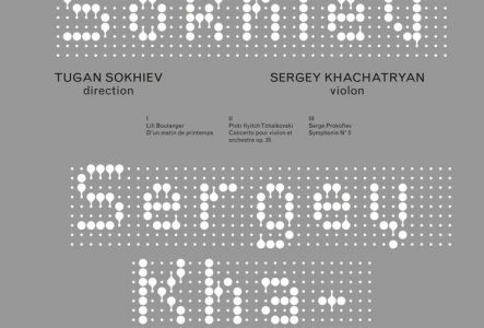 Affiche de la soirée sur fond gris, écrit par des points blancs les noms des artistes, violoncelliste arménien invité à jouer un concert de musique classique avec l’Orchestre de la Suisse Romande dans le cadre de la saison 2025-26 au Victoria Hall, à Genève.