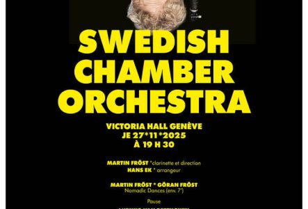 Affiche du concert, sur fond noir et avec Martin Fröst la tête à l'envers et sa clarinette dans sa main