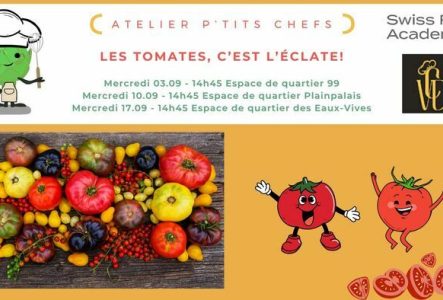Swiss Food Academy texte annonçant les dates des ateliers du mois de septembre avec diverses images de tomates.
