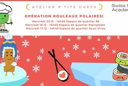 texte annonçant les dates des ateliers du mois de décembre avec image de rouleaux de printemps sur une banquise et des flocons de neige.