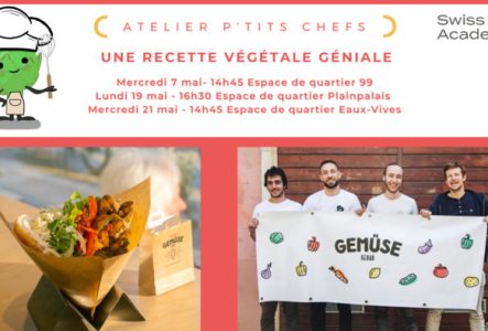 Swiss Food Academy texte annonçant les dates des ateliers du mois de mai avec une photo de kebab et de l'équipe du restaurant Gemüse kebab