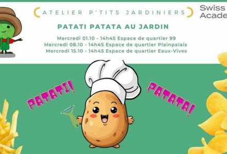 Swiss Food Academy texte annonçant les dates des ateliers du mois d'octobre avec image d'un bonhomme pomme de terre avec uns toque de cuisinier.