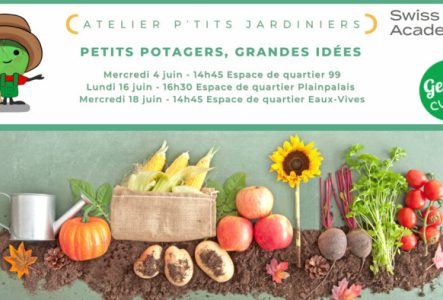 texte annonçant les dates des ateliers du mois de juin avec une photo de légumes sur une bande de terre