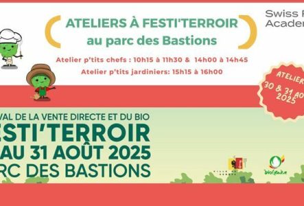 texte annonçant les trois créneaux horaires et date des ateliers du 30 et 31 août au Festi'Terroir au parc des Bastion