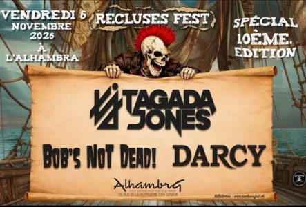 Visuel de la 10ème édition de Recluses Fest avec un squelette à crête de punk qui tient une bannière avec les noms des artistes qui se produiront sur scène