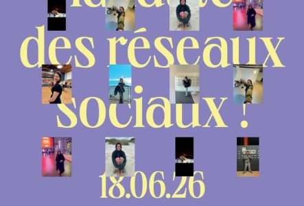 Une affiche avec des photos de personnes issues des réseaux sociaux et le titre de l'évéenment "C'est la faute des réseaux sociaux !"