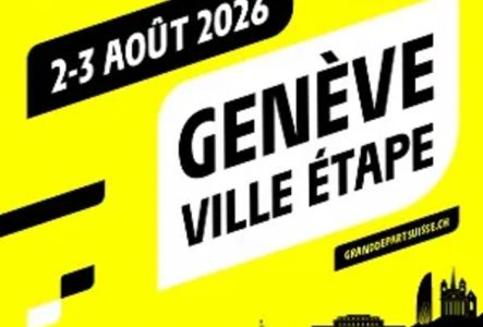 Affiche du Tour de France Femme avec la couleur symbolique du Tour le jaune, parcours des 3 villes étapes avec une image de leurs lieux iconiques.