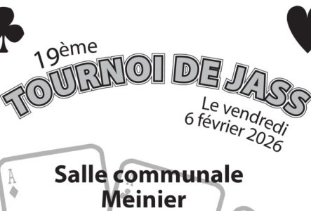 19ème tournoi de jass avec la date du 6 février 2026 et le lieu sur un jeu de cartes.