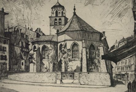 Dessin représentant une église dans la ville