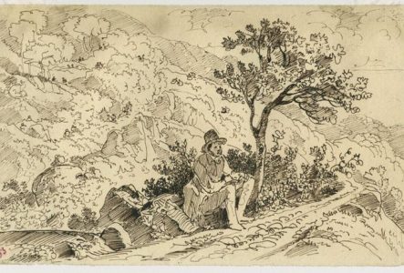 Homme assis sous un arbre sur un chemin de montagne