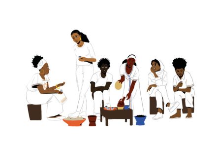 scène illustrée où 6 personnes boivent du café.