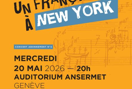 Affiche du concert «Un Français à New York» avec des notes de musique et le logo du Lemanic Modern Ensemble