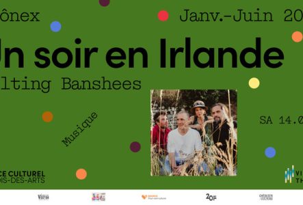 Sur un fond vert, on retrouve des petits points de couleurs avec les informations relatives à l'événement autour d'une photo qui est au centre