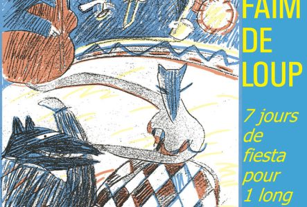 Visuel "Une Faim de Loup", dessiné au crayon de couleurs, qui représente une piste de danse avec dans le fond des silhouettes de loups musiciens et au premier plan un loup et une louve qui danse.