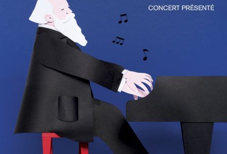 Un homme avec une grande barbe blanche représentant Johannes Brahms est assis sur un tabouret rouge et joue sur un piano à queue noir. Des notes de musique sortent du piano, le fond de l'image est bleu foncé.