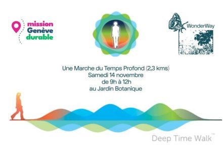 Les logos des 3 organisations partenaires: Mission Genève Durable, Une Marche du Temps Profond et Wonder Way. Il y a aussi une personne qui s'élance dans une marche qui sillonne des vagues de couleur - orange puis bleue et vert - comme des étapes de création de la vie.