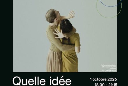 Affiche de l’atelier « Urban Climate Circles – Un atelier mini-climathon ». Au centre, une photographie montre deux personnes dans une pose expressive, sur fond clair. En haut, le titre de l’événement. En bas, la question « Quelle idée d’action climatique vient à l’esprit ? ». À droite figurent les informations pratiques : jeudi 1er octobre 2026, de 18 h à 21 h 15, à la Maison de l’Avenir, rue Fendt 1, Genève, ainsi qu’un QR code pour s’inscrire.