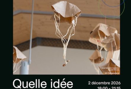 Affiche de l’atelier « Urban Climate Circles – Un atelier mini-climathon ». Au centre, une photographie montre deux personnes dans une pose expressive, sur fond clair. En haut, le titre de l’événement. En bas, la question « Quelle idée d’action climatique vient à l’esprit ? ». À droite figurent les informations pratiques : mercredi 2 décembre 2026, de 18 h à 21 h 15, à la Maison de l’Avenir, rue Fendt 1, Genève, ainsi qu’un QR code pour s’inscrire.
