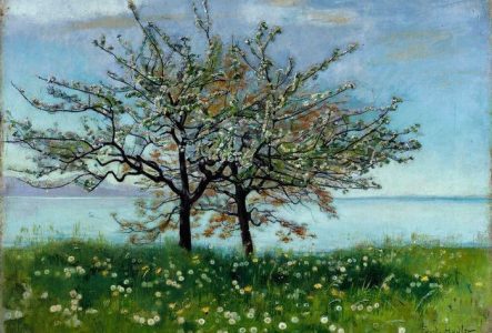 Ferdinand Hodler, "Pommiers au bord du Léman", vers 1893, huile sur toile, 45 x 62 cm, sifné en bas à droite "Fer. Hodler.", Genève, Musée d'art et d'histoire.
