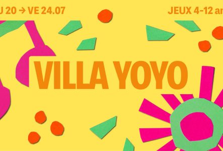 Sur fond jaune on retrouve des motifs colorés avec le titre écrit en orange