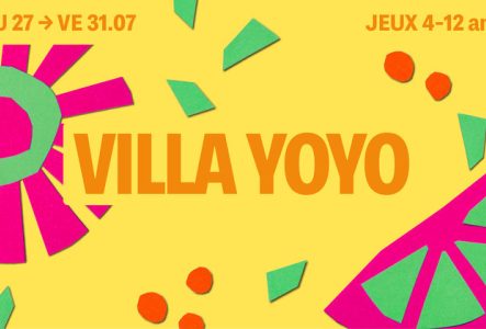 Sur fond jaune on retrouve des motifs colorés et le titre écrit en orange