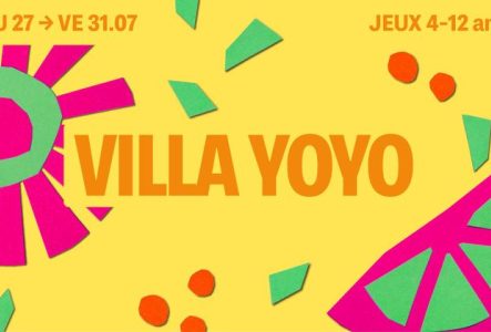 Sur fond jaune on retrouve des motifs colorés et le titre écrit en orange