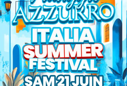 Village du soir C'est une image coloré d'orange et de bleu avec ecrit " villagio azzurro" le samedi 21 juin village du soir. Italia summer festival
