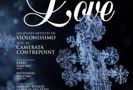 Affiche du concert de gala With Love de Violonissimo au Victoria Hall, avec un violon formé de cristaux de glace sur un fond bleu nuit.